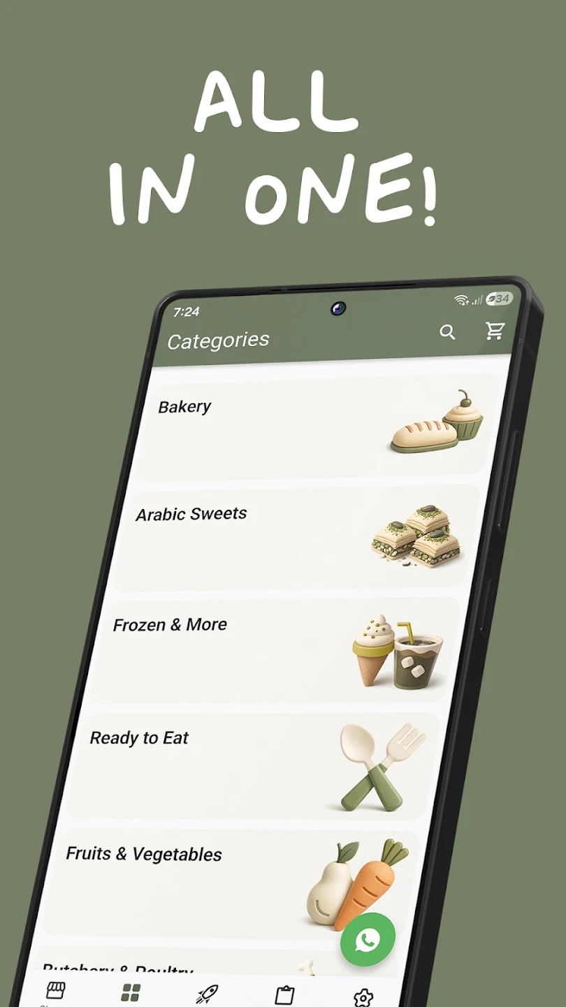 The Al Forno Gourmet app's category browsing screen, showing bakery, sweets, frozen and produce departments.