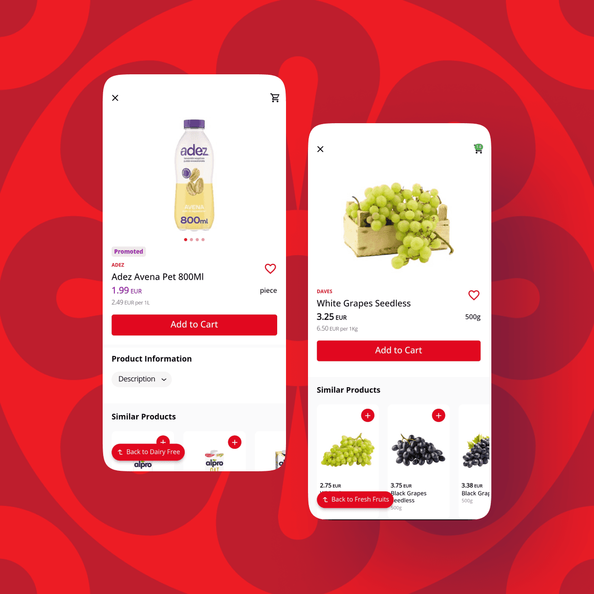 Two daves app product screens showing item details and similar products.