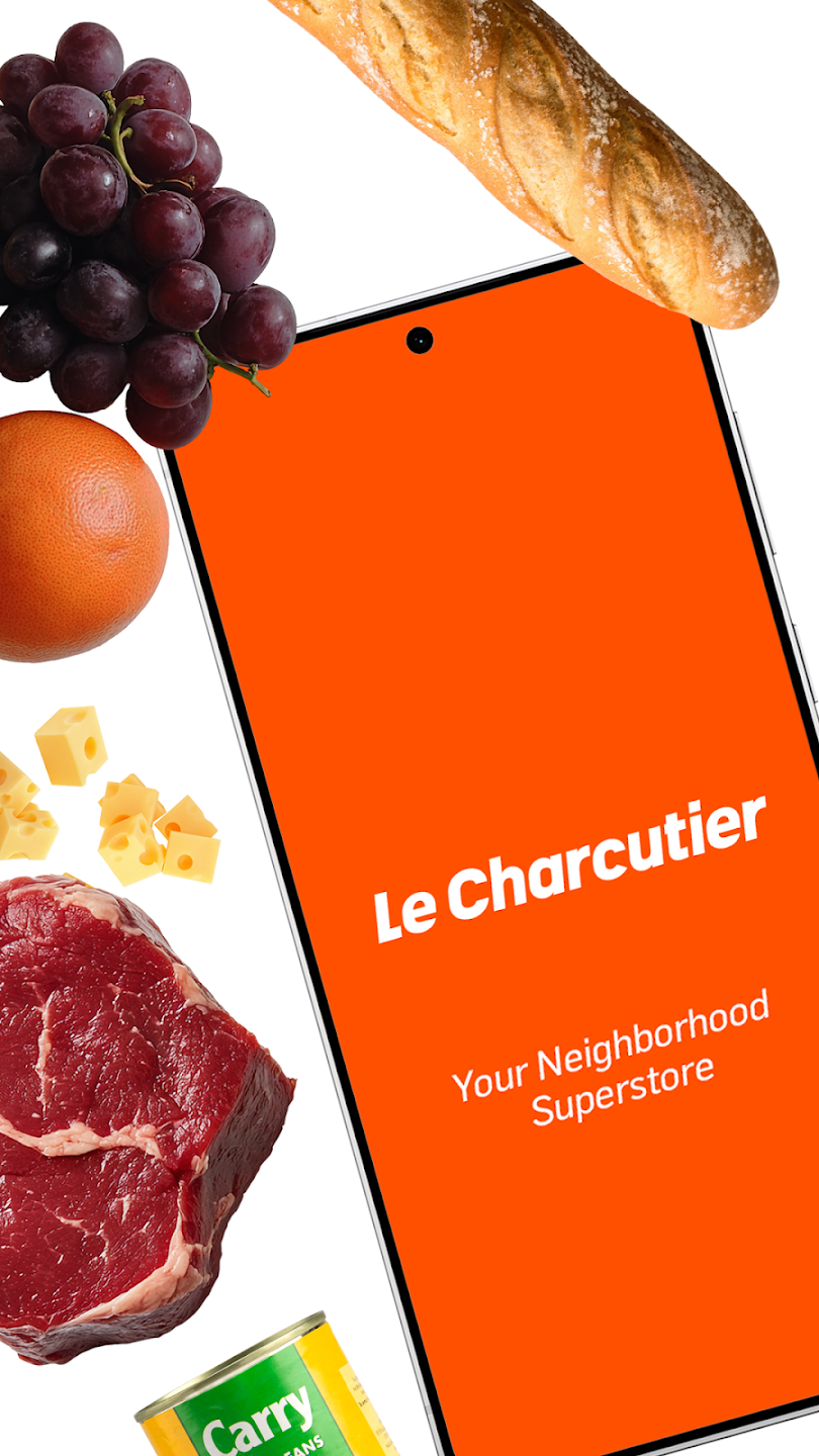 The Le Charcutier app splash screen, surrounded by fresh groceries.